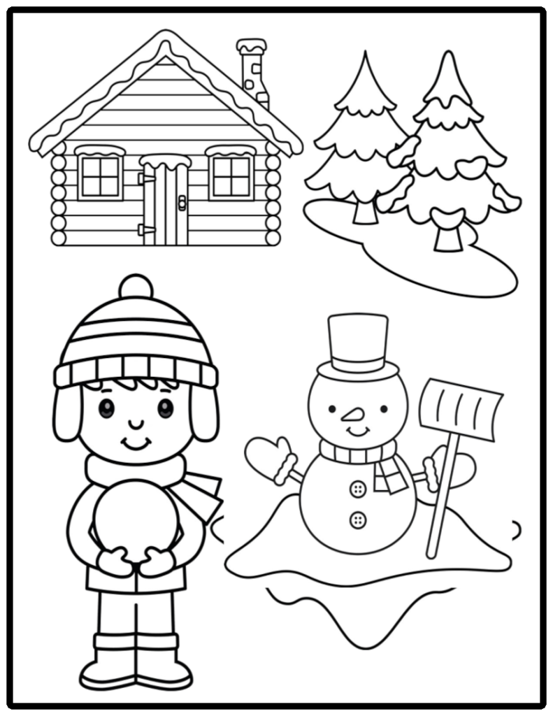 Young boy building a snowman in front of a winter cabin
