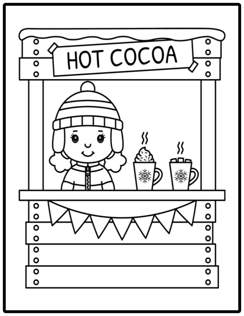 Young girl selling hot cocoa at a stand in winter time