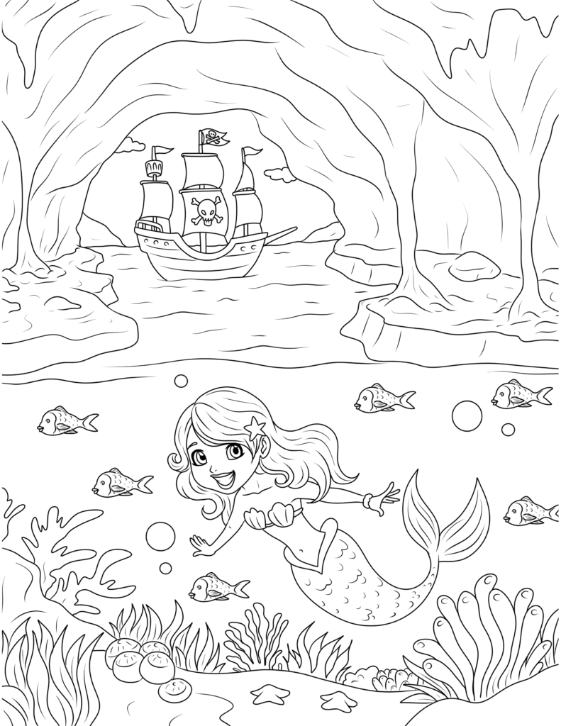 mermaid exploring a pirate cave coloring page